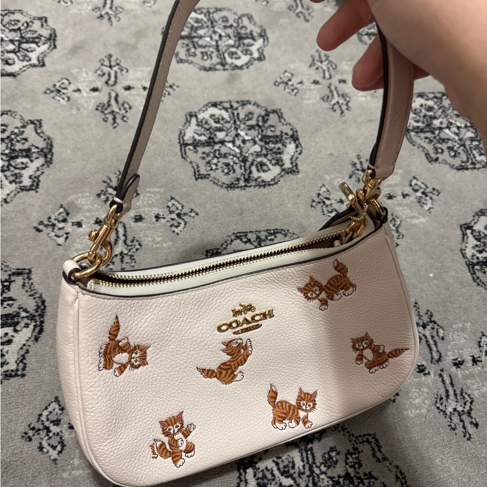 Coach White and Brown Cat-Embroidered Shoulder Bag
